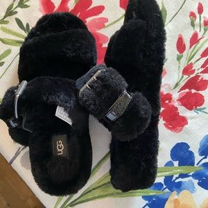 UGG fuzzy slippers with silver buckles  sz 8